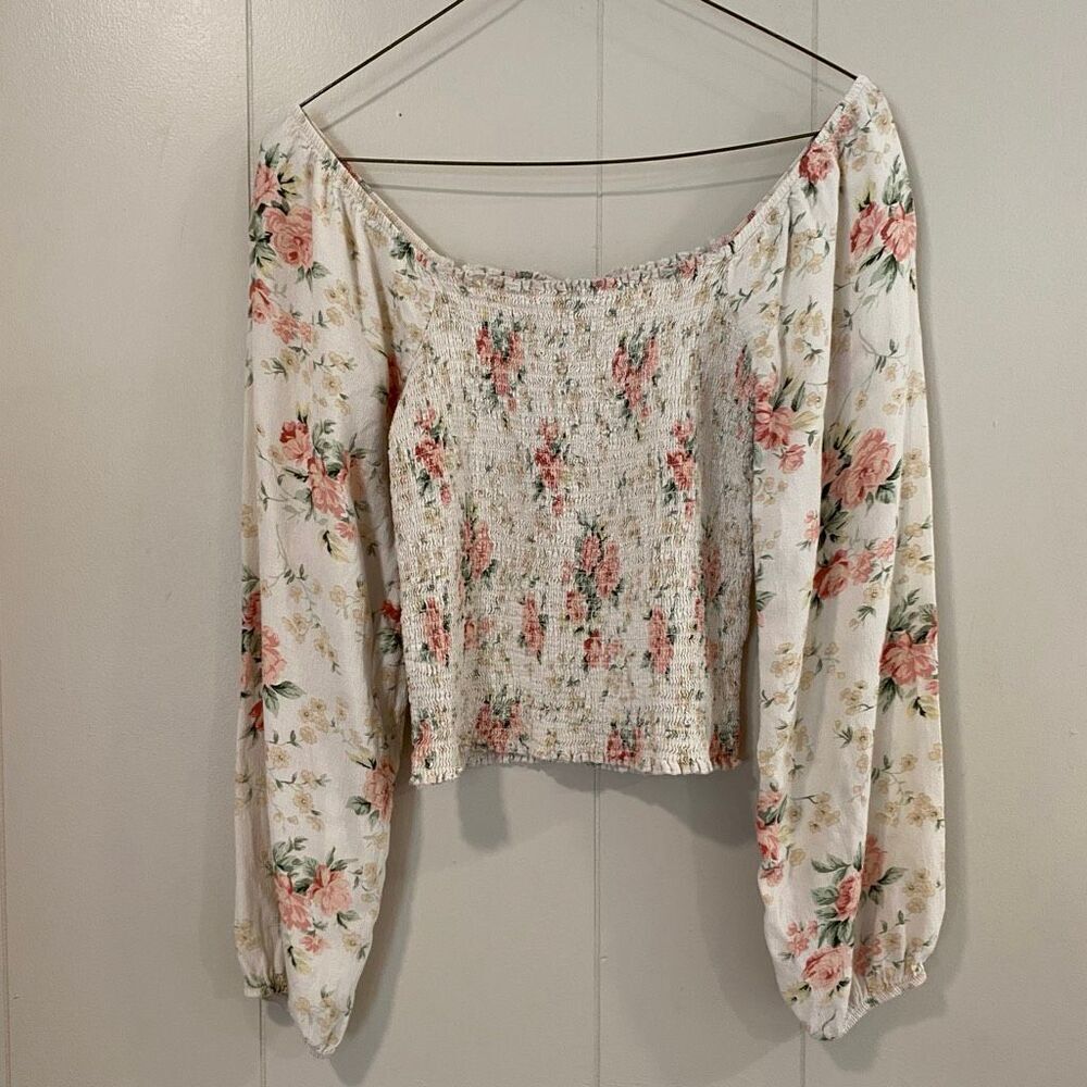 American Eagle Floral Smocked Peasant Top S | Boho Long Sleeve Square Neck Blous